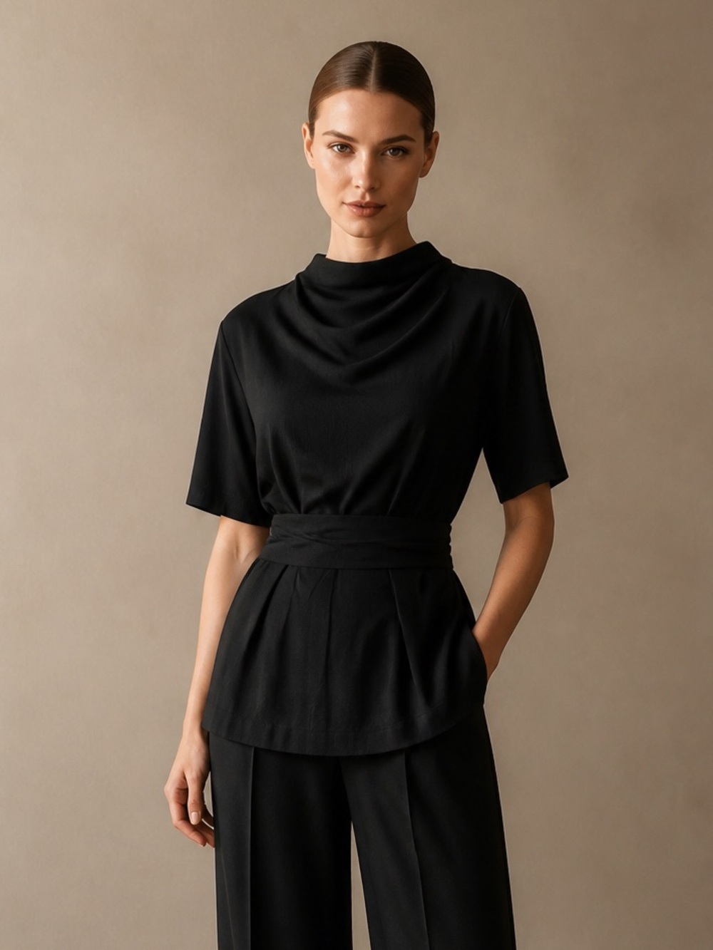 Ann Taylor NWT Black Cowl Neck short sleeves belted blouse.